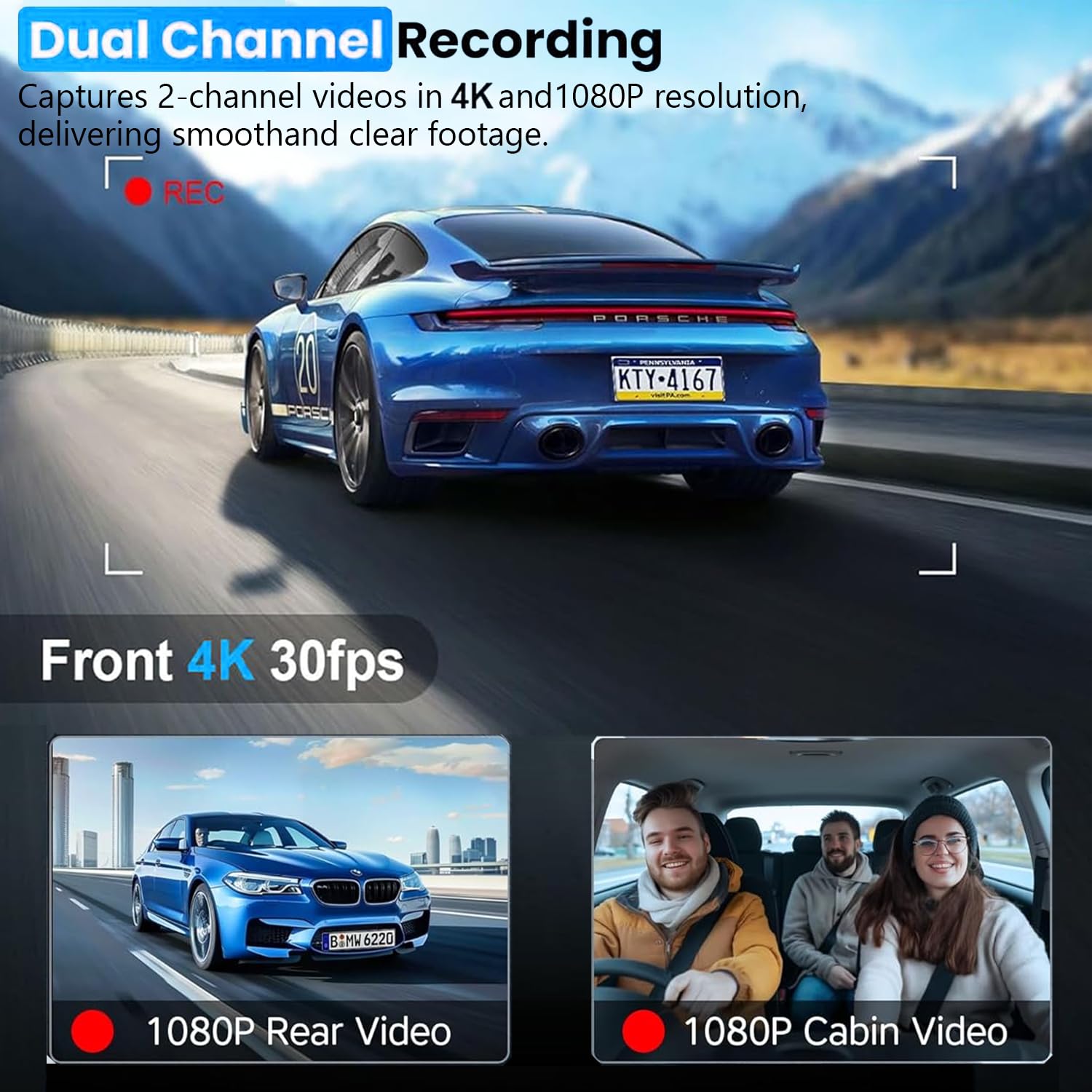 3 Channel 4K Dash Cam Front, 1080P Dash Camera Rear And Inside For Cars With 32Gb Card, G Sensor, 3.16 Ips Screen, 24Hr Parking,